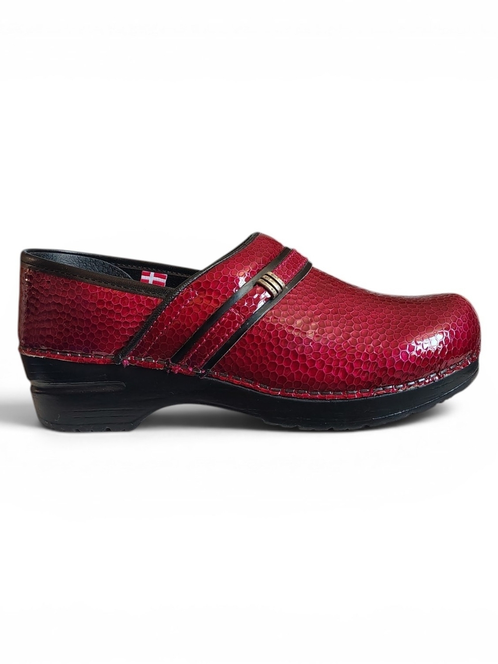 Sanita Women's Snake Embossed Patent Red Leather Slip On Clogs Size 39(US 8.5-9)